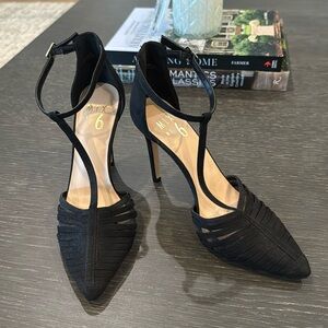 Mix No.6 Black mesh suede t-strap high heel sandal pumps size 6 euc